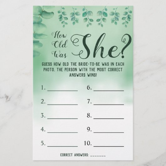 Hoe oud was ze? Greenery Eucalyptus Game Card Flyer (Voorkant)