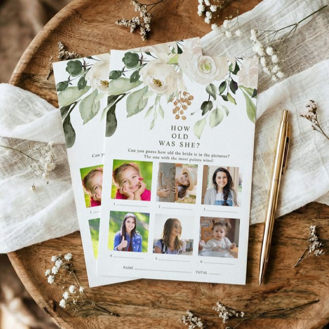 Hoe oud was ze? Ze fotografeerde het Floral Vrijge (Printed bridal shower game - photo how old was she? White floral watercolor greenery design.)