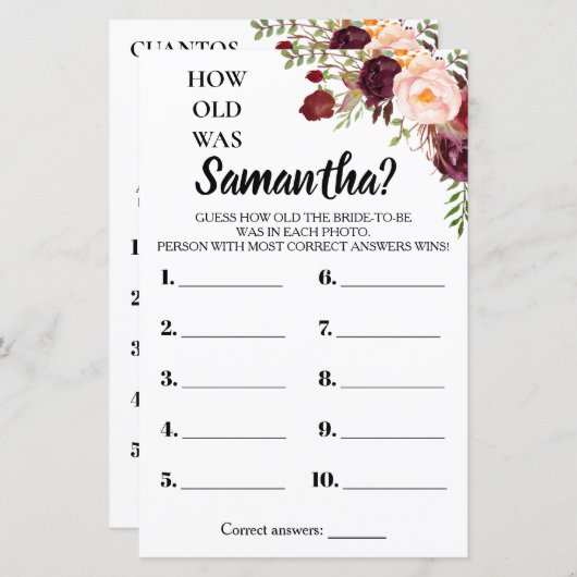 Hoe oud was zij bruidsborrel engels spaans spel (Voorkant / Achterkant)