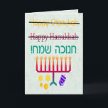 Hoe te spellen Chanoeka Kaarten<br><div class="desc">Hoe spelt u Hanukkah, er Chanukah, of is het toch Hanukah? Het is duidelijk dat de enige 'juiste' manier om het te spellen in het Hebreeuws is! Een leuk ontwerp met "Happy Hanukkah" en "Happy Chanukah" kruiste en "Chanukah Sameach!" in het Hebreeuws, met een chanukiah (menorah), dreidel en goudgelt onder...</div>