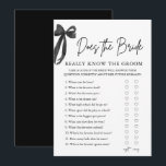 Hoe weet de bruid het bruidegom spel echt? kaart<br><div class="desc">Zet de kennis van de bruid op de proef met deze leuke en onderhoudende "Kent de bruid echt de bruidegom?" spel 🖤🎀! Met een chique minimalistisch ontwerp van de zwarte boog daagt dit spel de bruid uit om vragen over haar toekomstige echtgenoot te beantwoorden - terwijl gasten raden hoe goed...</div>