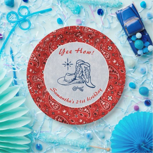 Hoe Western Paisley Denim Blue Jeans Verjaardag Papieren Bordje (Feest)