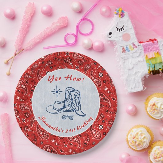 Hoe Western Paisley Denim Blue Jeans Verjaardag Papieren Bordje (Feest)