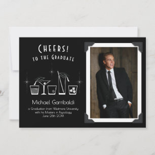 Hoed en cocktail afstudeeraankondiging zwart kaart
