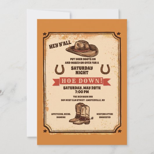 Hoedown Country Western Party Invitation Kaart (Voorkant)