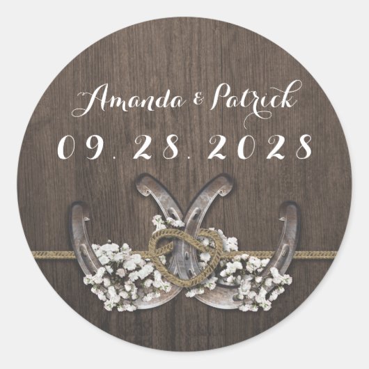 Hoefijzer Baby's Breath Rustieke bruiloft gunst Ronde Sticker (Voorkant)