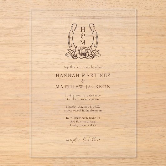 Hoefijzer & Bloemen Western Country Boho Wedding Acryl Uitnodigingen (Voorkant)