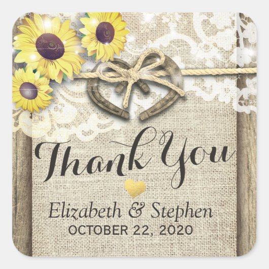 Hoefijzer Burlap Lace Sunflower Weddenschap Bedank Vierkante Sticker (Voorkant)