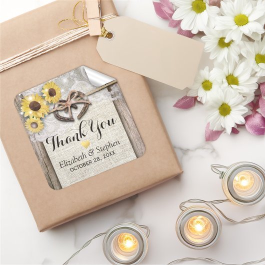 Hoefijzer Burlap Lace Sunflower Weddenschap Bedank Vierkante Sticker