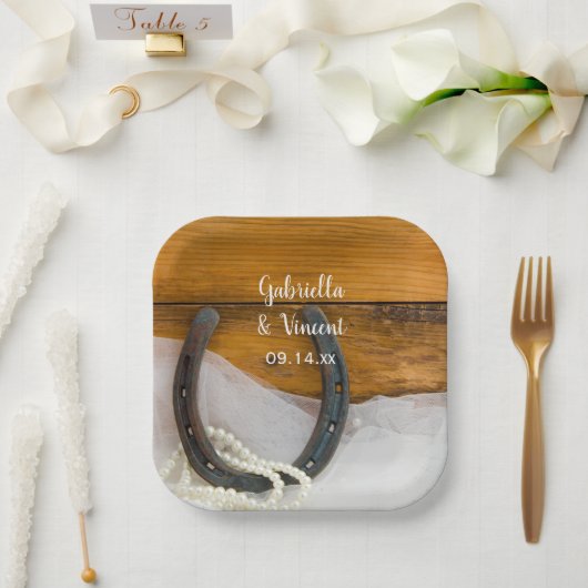 Hoefijzer en Parelland Western huwelijk Papieren Bordje (Huwelijk)