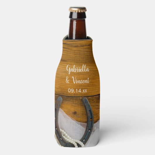 Hoefijzer en parelland Westerne bruiloft Flesjeskoeler (Fles Voorkant)
