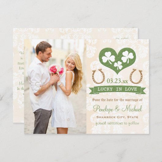 Hoefijzer en Shamrock Save the Date Aankondigingskaart (Voorkant / Achterkant)