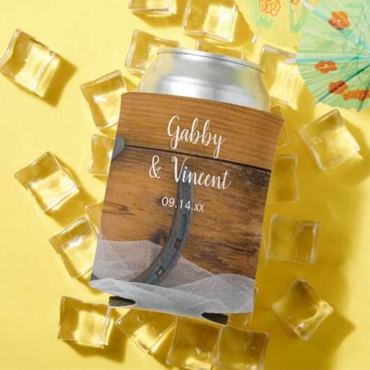 Hoefijzer en Veil Country Barn Wedding Favor Blikjeskoeler (Insitu Zomer)