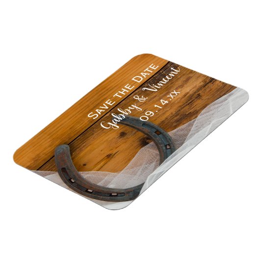 Hoefijzer en Veil Country Wedding Save the Date Magneet (Linkerzijde)