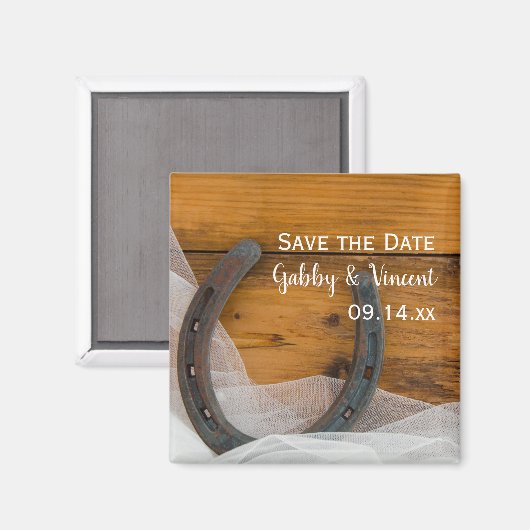 Hoefijzer en Veil Country Wedding Save the Date Magneet (Voorkant / Achterkant)