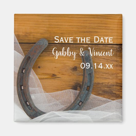 Hoefijzer en Veil Country Wedding Save the Date Magneet (Voorkant)