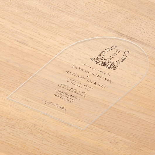 Hoefijzer & Floral Crest Westerne Country Wedding Acryl Uitnodigingen (Laagn)