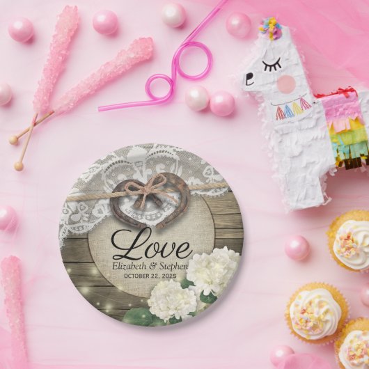 Hoefijzer Heart Lace Hydrangea Wood Weddenschap Sh Papieren Bordje (Feest)