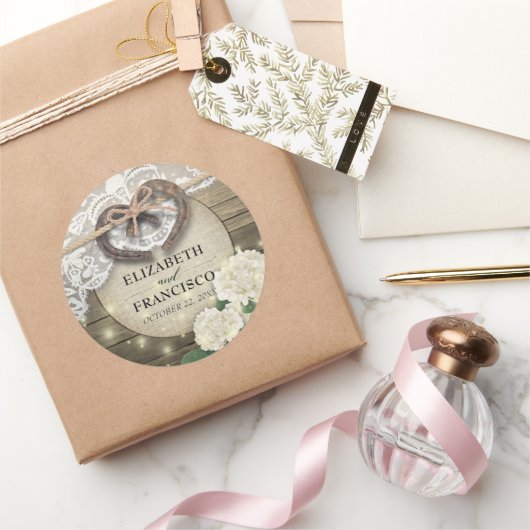 Hoefijzer Heart Lace Hydrangea Wood Weddenschap Sh Ronde Sticker (Geschenken)