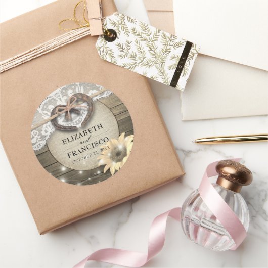Hoefijzer Heart Lace Sunflower Wood Weddenschap Ronde Sticker (Geschenken)