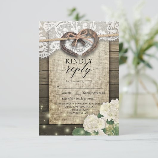 Hoefijzer Hydrangea Wood Wedding RSVP Kindly Reply (Staand voorkant)