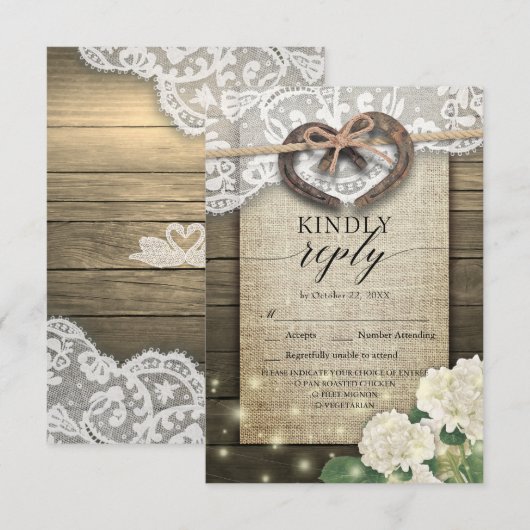 Hoefijzer Hydrangea Wood Wedding RSVP Kindly Reply (Voorkant / Achterkant)