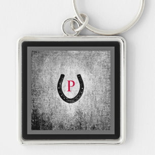 Hoefijzer in zwart-wit en grijze speldenmonogramme sleutelhanger
