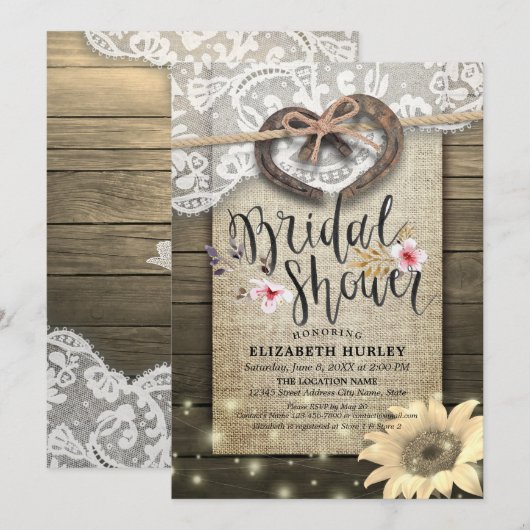 Hoefijzer Lace Burlap Sunflower Vrijgezellenfeest Kaart (Voorkant / Achterkant)