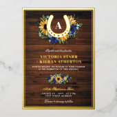 Hoefijzer Monogram Sunflower Blue Wood Weddenschap Folie Uitnodiging (Voorkant)