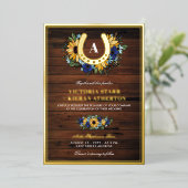Hoefijzer Monogram Sunflower Blue Wood Weddenschap Folie Uitnodiging (Staand Voorkant)