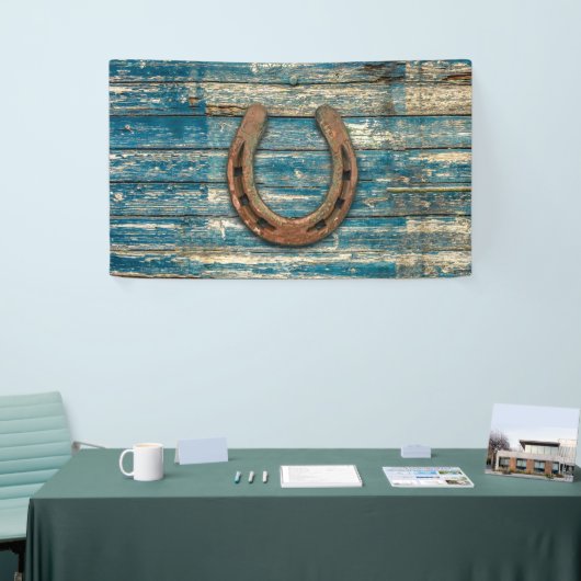 Hoefijzer op blauwe houten borden spandoek (Beurs)