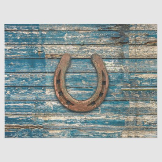 Hoefijzer op blauwe houten borden tissuepapier (Voorkant)