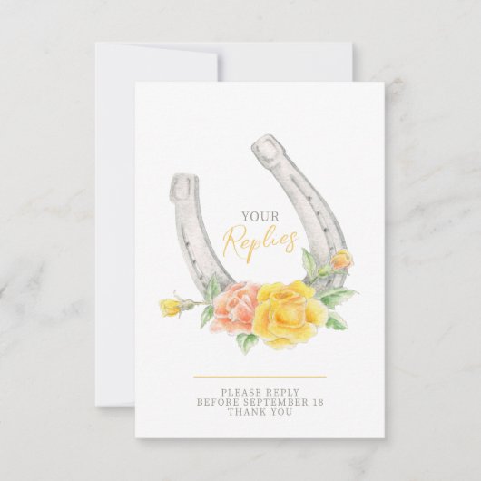 Hoefijzer rozen waterverf grijs geel bruiloft RSVP kaartje (Voorkant)