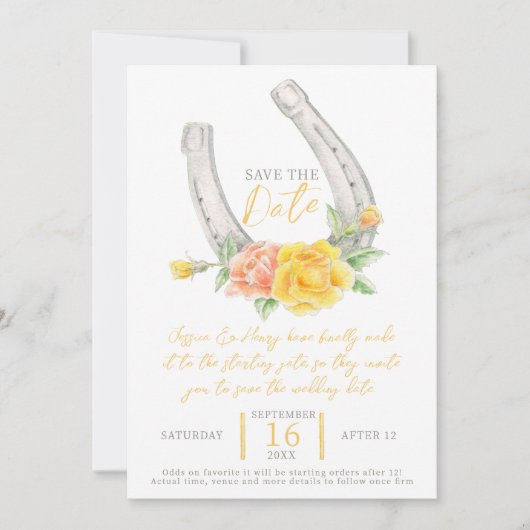 Hoefijzer rozen waterverf grijs geel bruiloft save the date (Voorkant)