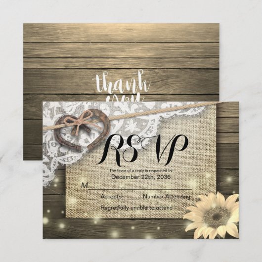 Hoefijzer Sunflower Wood Weddenschap RSVP Kindly R (Voorkant / Achterkant)