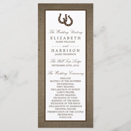 Hoefijzer van het rustige land op de bruiloft programmakaart (Voorkant)