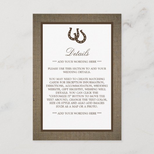 Hoefijzer van het rustige land op het heuphuwelijk informatiekaartje (Voorkant)