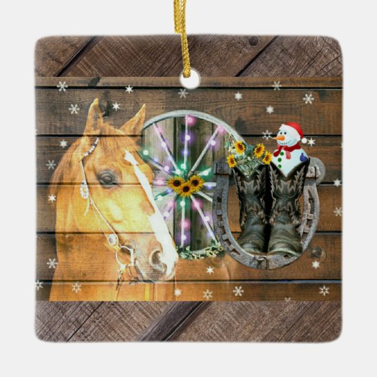 Hoefijzer voor kerstpaardenwagon Cowboy Boots Keramisch Ornament (Voorkant)