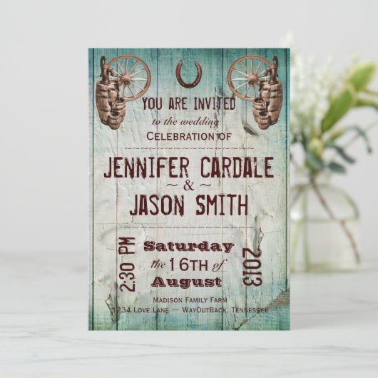 Hoefijzer Wagon Wheel Barrel Wedding Invitations Kaart (Staand voorkant)