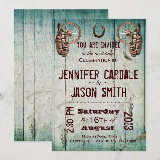 Hoefijzer Wagon Wheel Barrel Wedding Invitations Kaart (Voorkant / Achterkant)