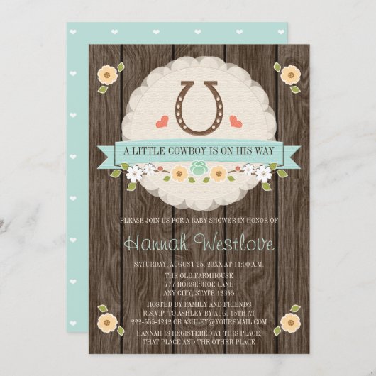 HOEFIJZER WESTERNE BOY BABY SHOWER INVITATIE KAART (Voorkant / Achterkant)