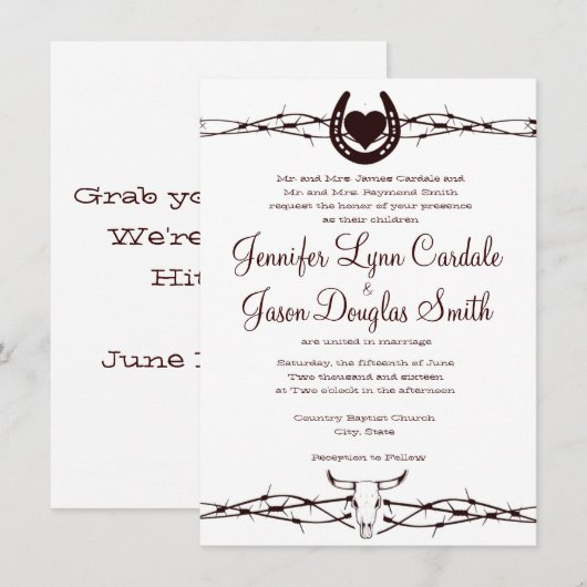 Hoefijzer Westerne huwelijksuitnodiging Barbed Wir Kaart (Voorkant / Achterkant)