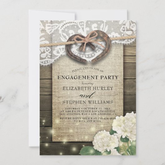 Hoefijzers Burlap Lace Hydrangea Engagement Party Kaart (Voorkant)