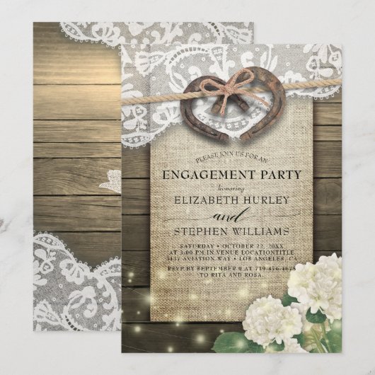 Hoefijzers Burlap Lace Hydrangea Engagement Party Kaart (Voorkant / Achterkant)