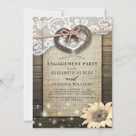 Hoefijzers Burlap Lace Sunflower Engagement Party Kaart (Voorkant)