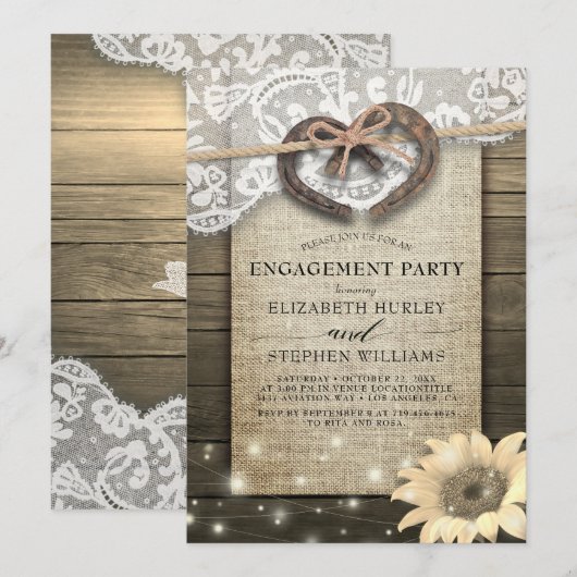Hoefijzers Burlap Lace Sunflower Engagement Party Kaart (Voorkant / Achterkant)