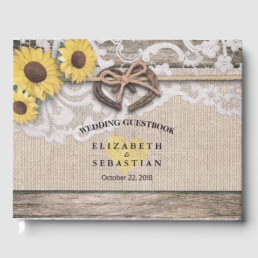 Hoefijzers Burlap Lace Sunflower Wedding Guestbook Gastenboek (Voorkant)