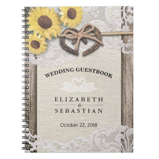 Hoefijzers Burlap Lace Sunflower Wedding Guestbook Notitieboek (Voorkant)