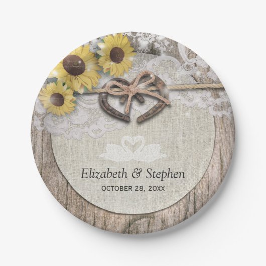 Hoefijzers Burlap Lace Sunflower Wedding Shower Papieren Bordje (Voorkant)
