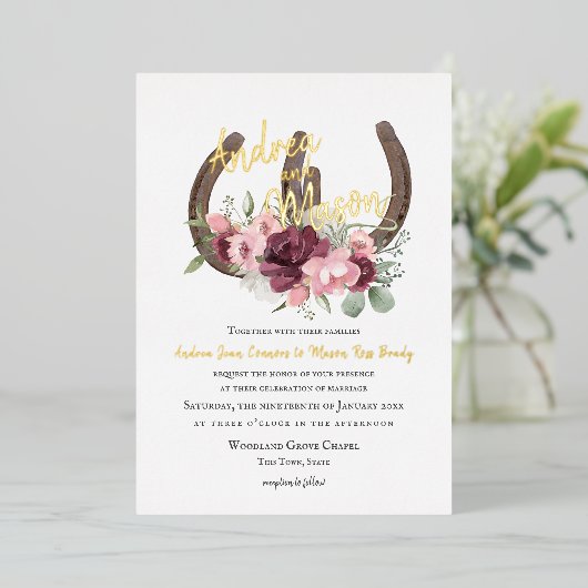 Hoefijzers en bruinroze bruinwortels folie uitnodiging (Staand Voorkant)